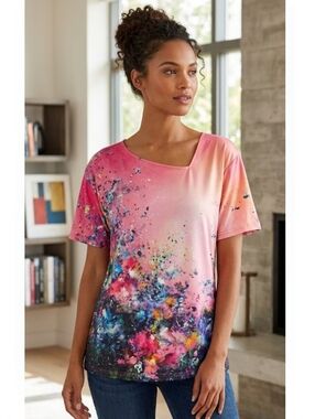 2/25$ New Vibrant Artistic Abstract Splash Asymmetric Neck Top - Boho Artsy-XXL